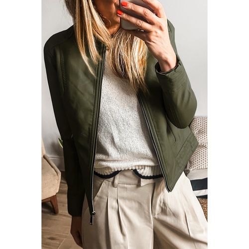Sage Green Solid Faux Leather Zipper Slim Fit Bomber Jacket - XL - Main Image