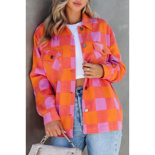 Orange Plaid Chest Pockets Button-up Turn Down Collar Jacket - L - Main Image