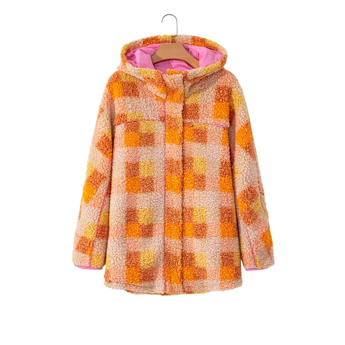 Orange Checkered Sherpa Hooded Jacket - L - Main Image