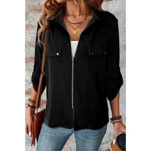 Black Collar Tab Sleeve Zip Up Flap Detail Jacket - S - Main Image