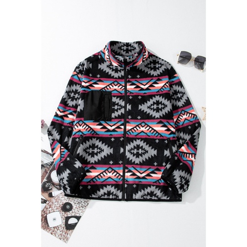 Black Aztec Printed Zip Up Collar Jacket - M - Main Image