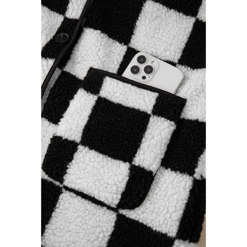 Black Checkered Side Pockets Collared Buttoned Fleece Jacket - 2XL - Main Image