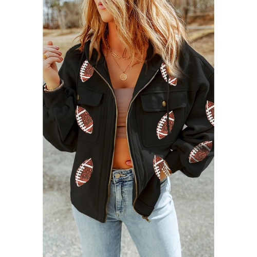 Black Sequined Rugby Football Pattern Pocketed Zipper Hooded Jacket - L - Main Image