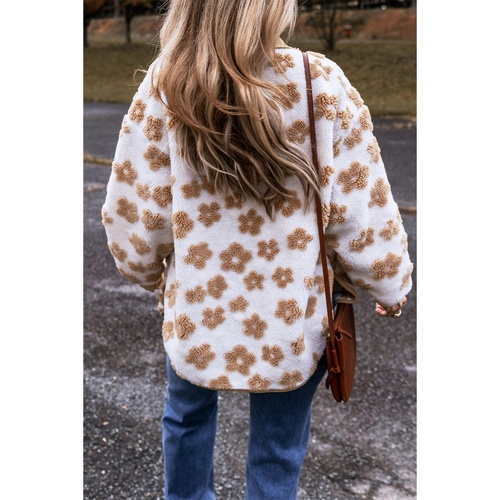 Light French Beige Cute Flower Pattern Button Up Fleece Jacket - 2XL - Main Image