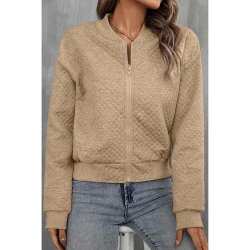 Pale Khaki Solid Geometric Textured Baseball Collar Jacket - L - Main Image