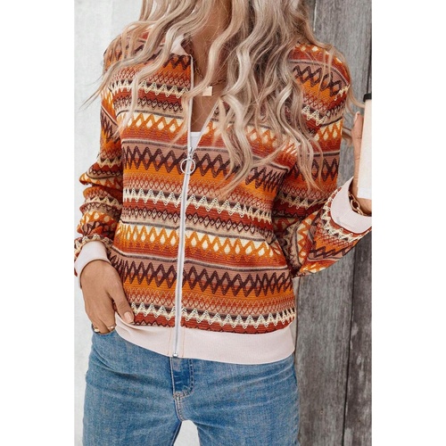 Orange Boho Striped Zip Up Long Sleeve Jacket - L - Main Image