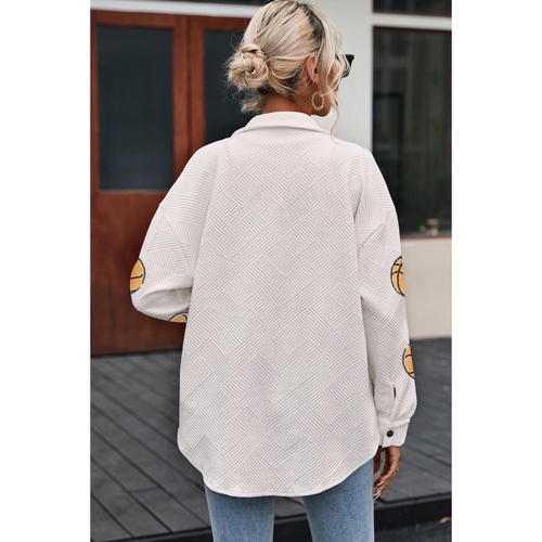 Beige Sequin Basketball Graphic Textured Snap Button Shacket - XL - Main Image