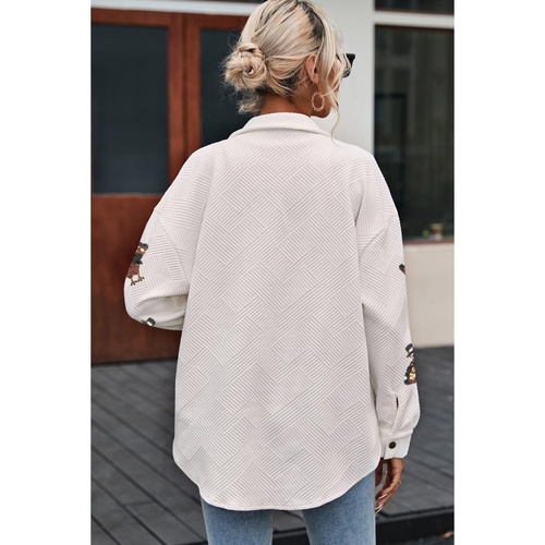 Beige Sequin Turkey Patched Graphic Flap Pocket Textured Shacket - XL - Main Image
