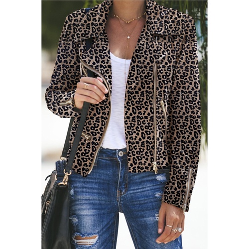 Leopard Zipped Notch Collar Short Jacket - L - Main Image