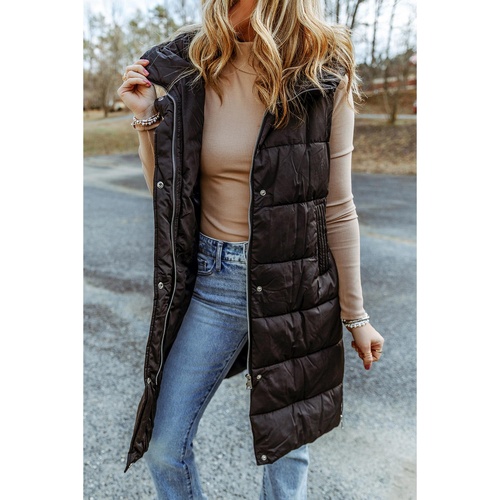 Black Hooded Long Quilted Vest Coat - L - Main Image