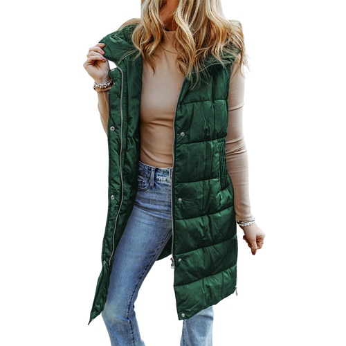 Green Hooded Long Quilted Vest Coat - L - Main Image