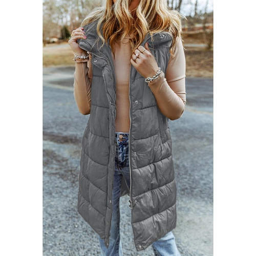 Dark Grey Hooded Long Quilted Vest Coat - XL - Main Image