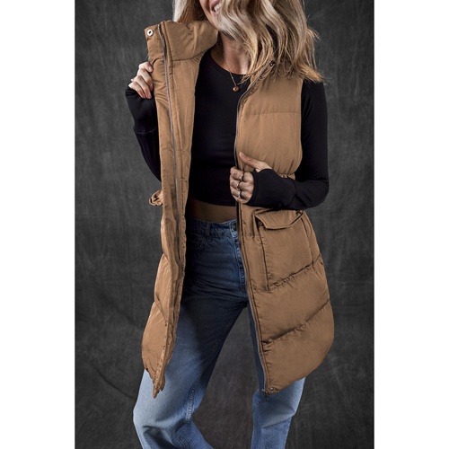 Coffee Windproof Longline Full Zipper Puffer Vest with Pockets - XL - Main Image