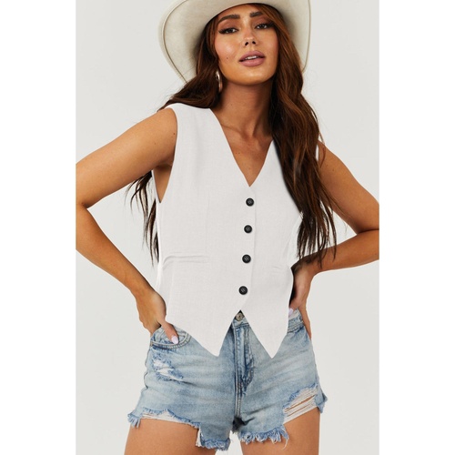 White Solid Color Button up V Neck Suit Vest - S - Main Image