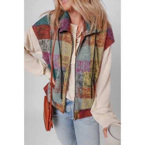 Multicolor Plaid Print Side Pockets Zipped Loose Vest - S - Main Image