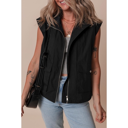 Black Flap Pockets Zip Up High Neck Vest - S - Main Image
