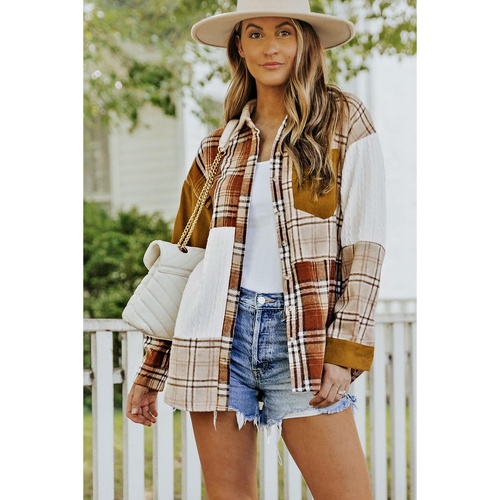 Orange Plaid Color Block Patchwork Shirt Jacket with Pocket - L - Main Image