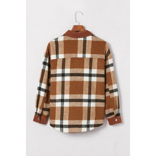 Brown Pocketed Buttoned Plaid Shirt Jacket - 2XL - Main Image
