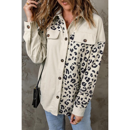 Apricot Leopard Print Detail Pocketed Corduroy Jacket - S - Main Image