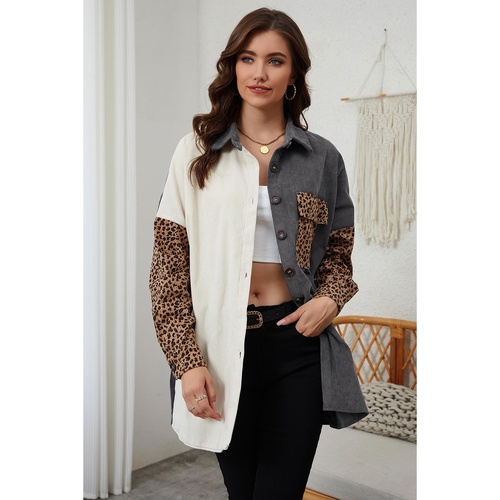 Gray Color Block Leopard Patched Corduroy Shacket - S - Main Image