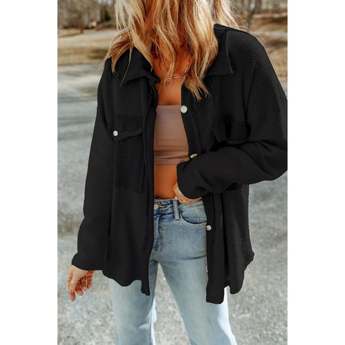 Black Contrast Flap Pockets Relaxed Shacket - L - Main Image