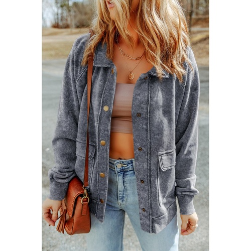 Gray Vintage Washed Flap Pocket Button Shacket - M - Main Image