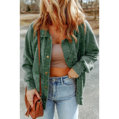 Green Vintage Washed Flap Pocket Button Shacket - M - Main Image