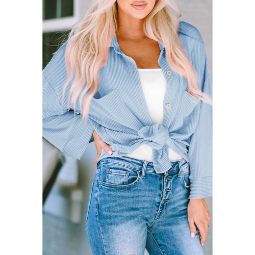 Sky Blue Roll Tab Sleeve Ribbed Cording Shacket - S - Main Image