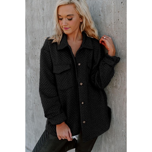 Black Retro Quilted Flap Pocket Button Shacket - L - Main Image