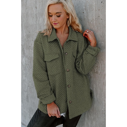 Green Retro Quilted Flap Pocket Button Shacket - M - Main Image
