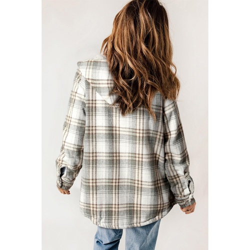 Gray Plaid Pattern Sherpa Lined Hooded Shacket - M - Main Image