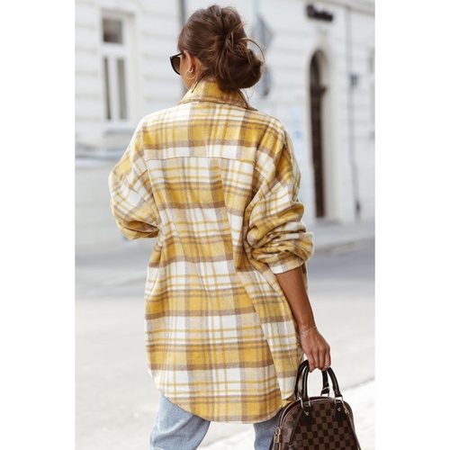 Yellow Plaid Flap Pocket Long Sleeve Shacket - M - Main Image