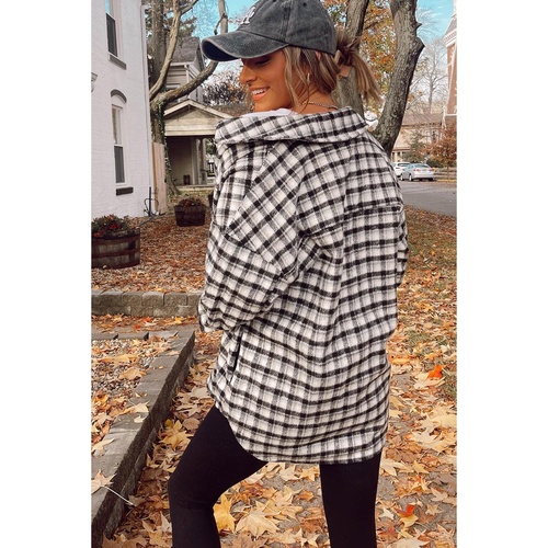 Black Plaid Print Chest Pockets Buttoned Tunic Shacket - M - Main Image