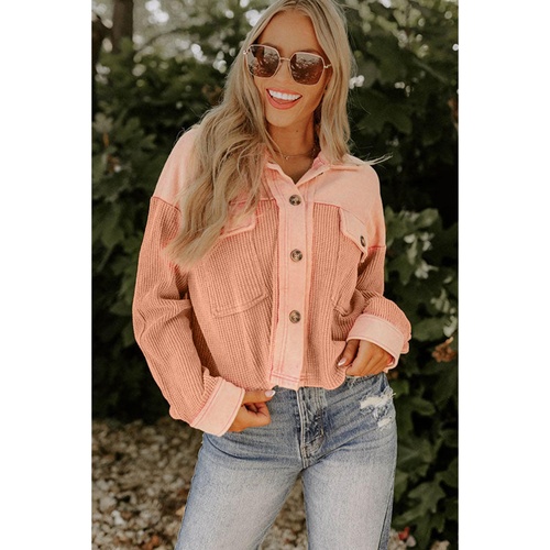 Orange Textured Waffle Knit Chest Pockets Cropped Shacket - L - Main Image