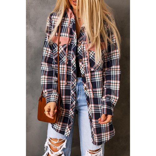 Pink Contrast Hooded Drawstring Plaid Shacket - S - Main Image