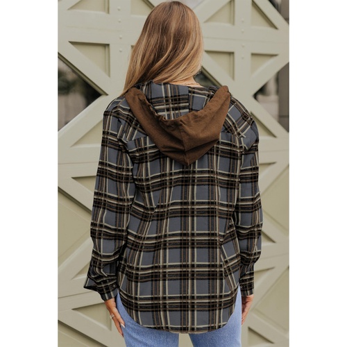 Contrast Hooded Drawstring Plaid Shacket - S - Main Image
