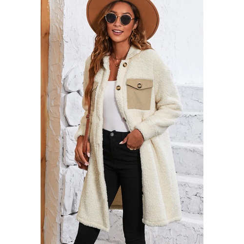Beige Contrast Flap Pocket Single Breasted Teddy Coat - S - Main Image