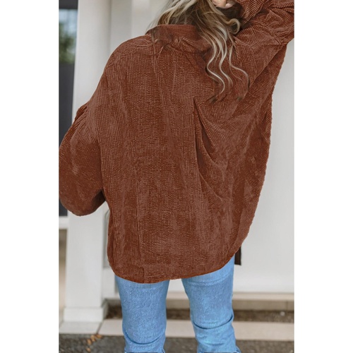 Coffee Textured Corduroy Puff Sleeve Shacket - L - Main Image