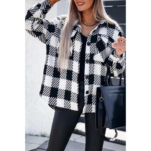 Black Plaid Textured Flap Pocket Shacket - M - Main Image