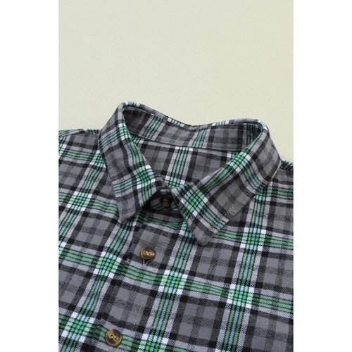 Blackish Green Contrast Plaid Patchwork Chest Pocket Button up Shacket - L - Main Image