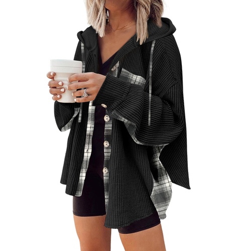 Black Waffle Knit Plaid Patchwork Drawstring Hooded Shacket - L - Main Image