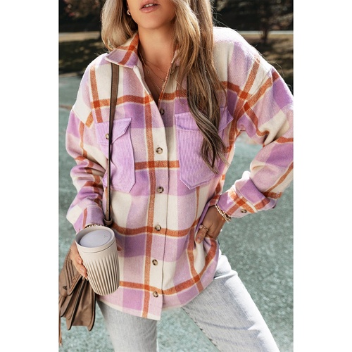 Purple Corduroy Pockets Brushed Checkered Shacket - XL - Main Image