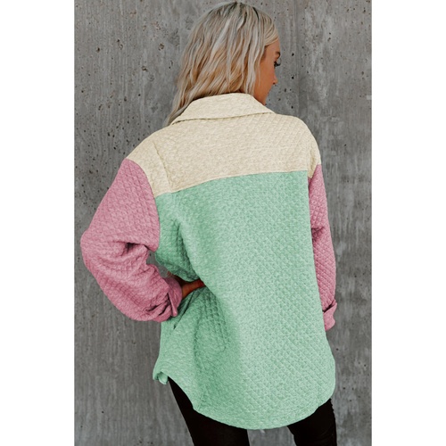 Green Color Block Patchwork Flap Pocket Quilted Shacket - M - Main Image
