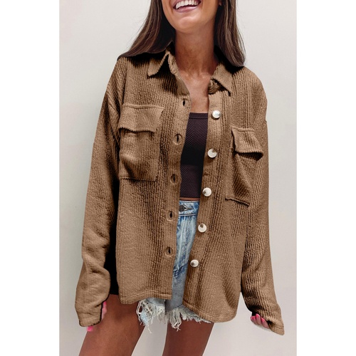 Dark Khaki Solid Color Corduroy Buttoned Long Sleeve Shacket - M - Main Image