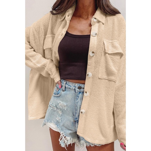 Apricot Solid Color Corduroy Buttoned Long Sleeve Shacket - L - Main Image