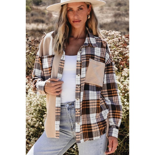 Khaki Thermal Knit Plaid Patchwork Shacket - M - Main Image