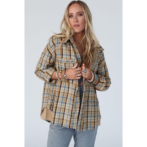 Ashleigh Blue Waffle Knit Patchwork Hooded Plaid Shacket - S - Main Image