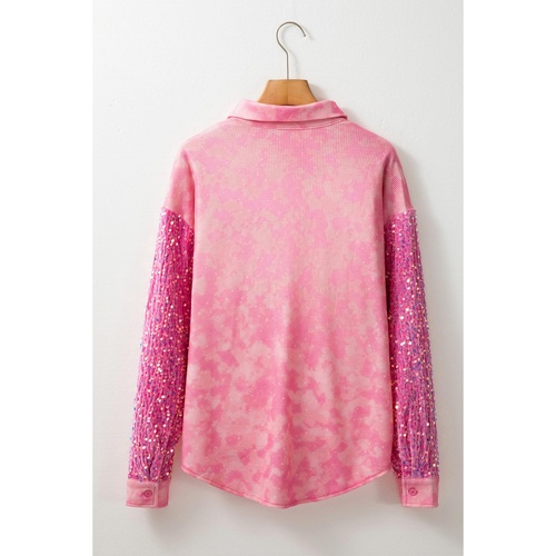 Apricot Pink Mineral Wash Sequin Patchwork Flap Pocket Shacket - S - Main Image