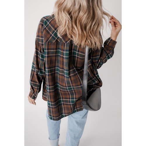 Brown Plaid Print Chest Pockets Buttoned Shirt Jacket - XL - Main Image