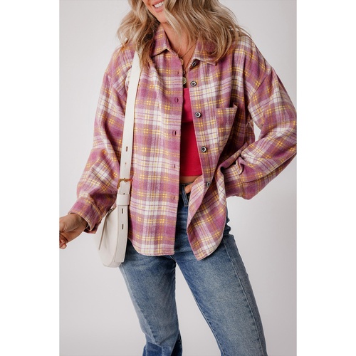 Pink Plaid Print Chest Pocket Long Sleeve Shacket - S - Main Image